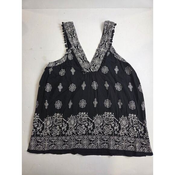 LOFT | Black & White Printed Sleeveless Pom Pom-Trim Swing Top Size: Large - Picture 1 of 7